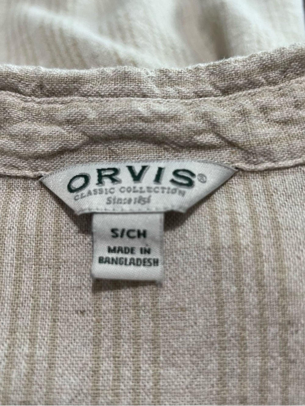 Orvis Womens Button Front Top S Tan Linen Rayon Blend Tab Sleeve Collared BT7 - Picture 8 of 8